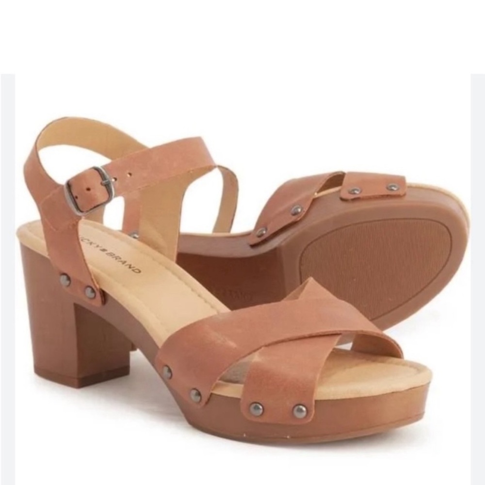NWOT LUCKY BRAND Haidlee Tan Brown Leather Summer Block Heel Platform Sandal